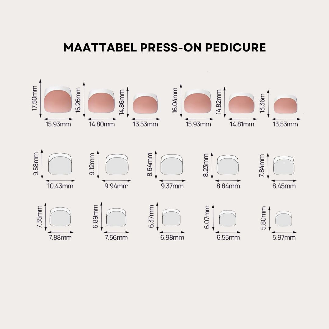 maattabel press-on pedicure van nailday softgel press-ons zodat je zeker weet dat er een goede maat plaknagels voor je tussenzit